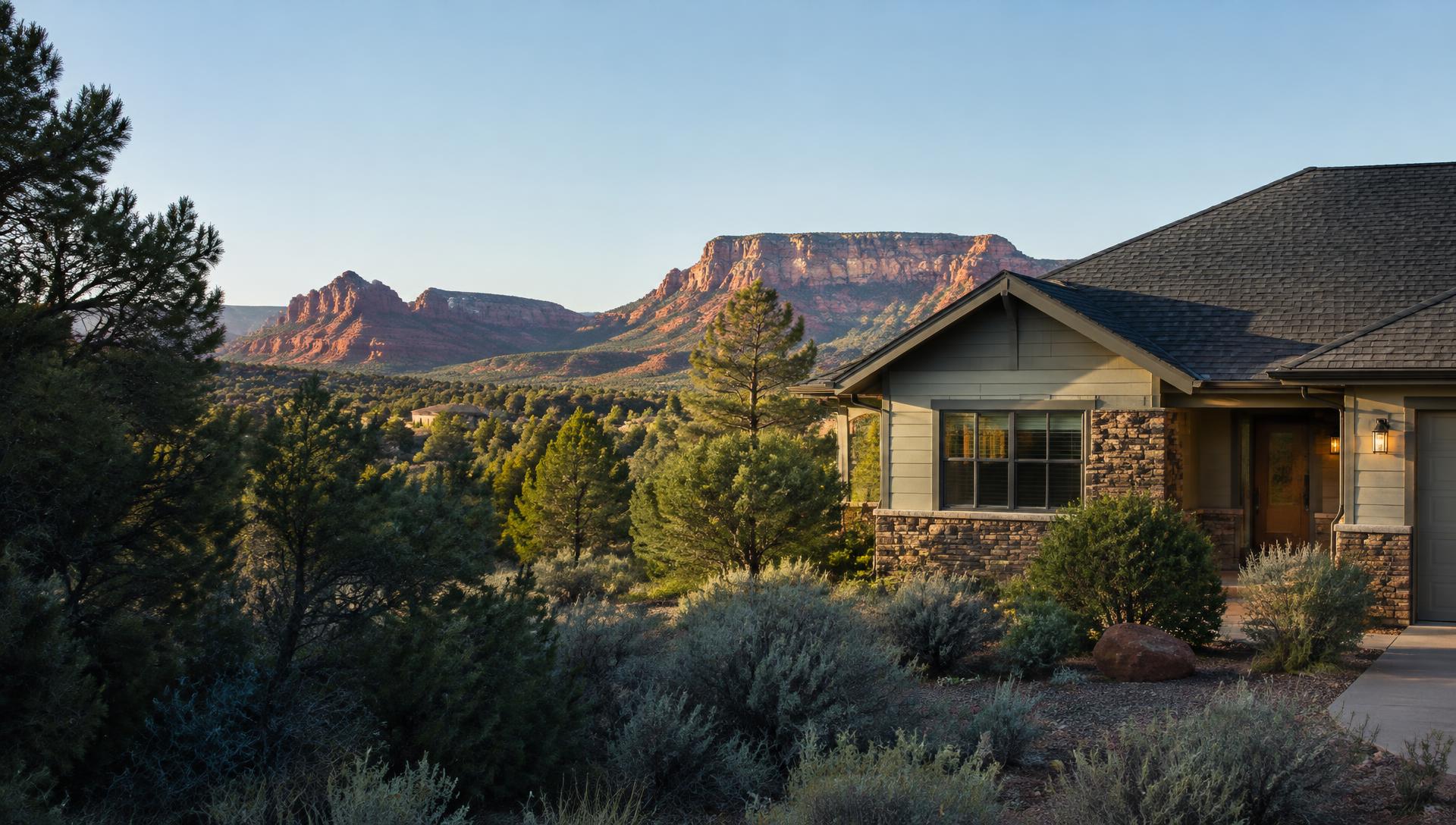 Illustrative Arizona home with a shingle roof and red-rock foothills